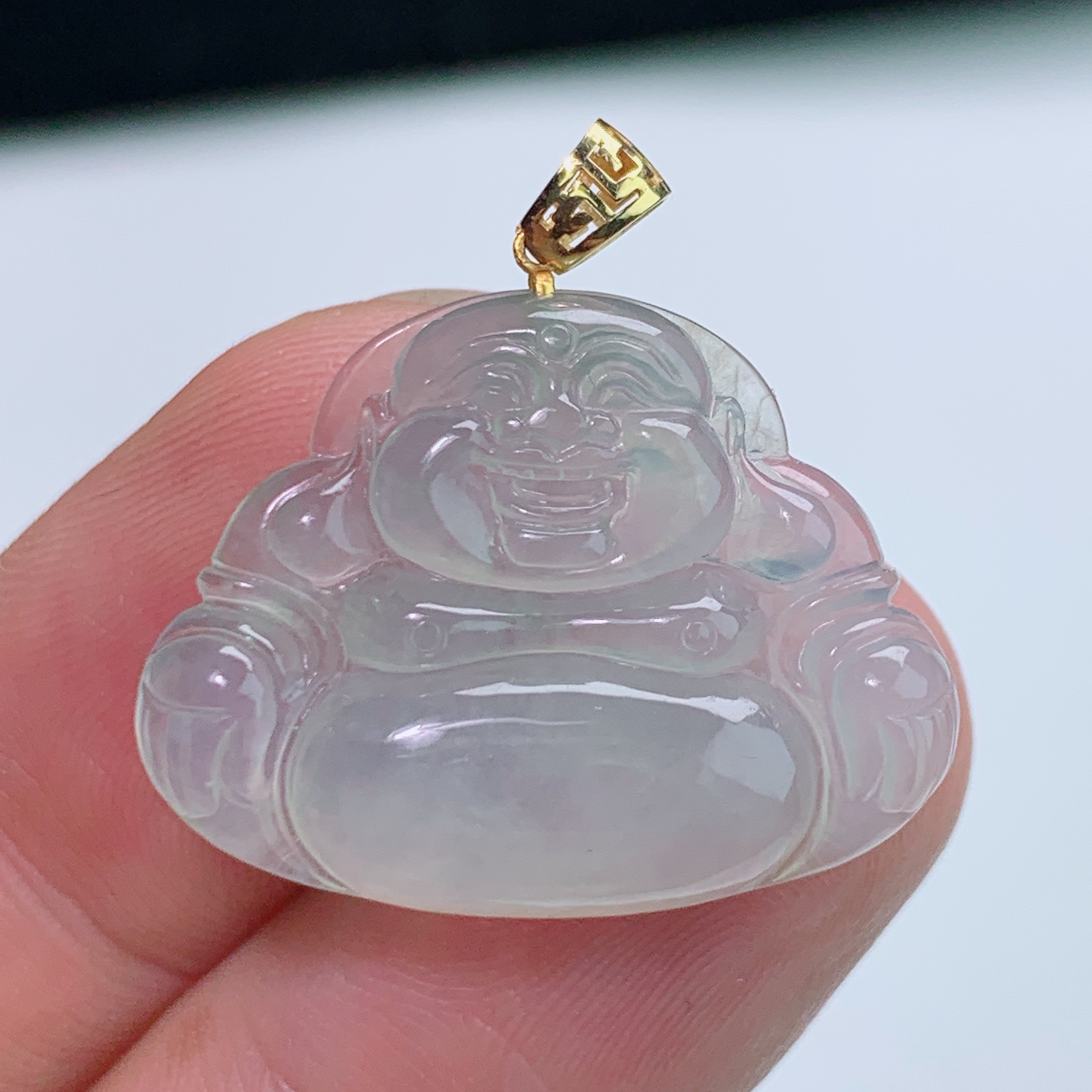 缅甸天然A货翡翠冰种18K金镶嵌佛公吊坠