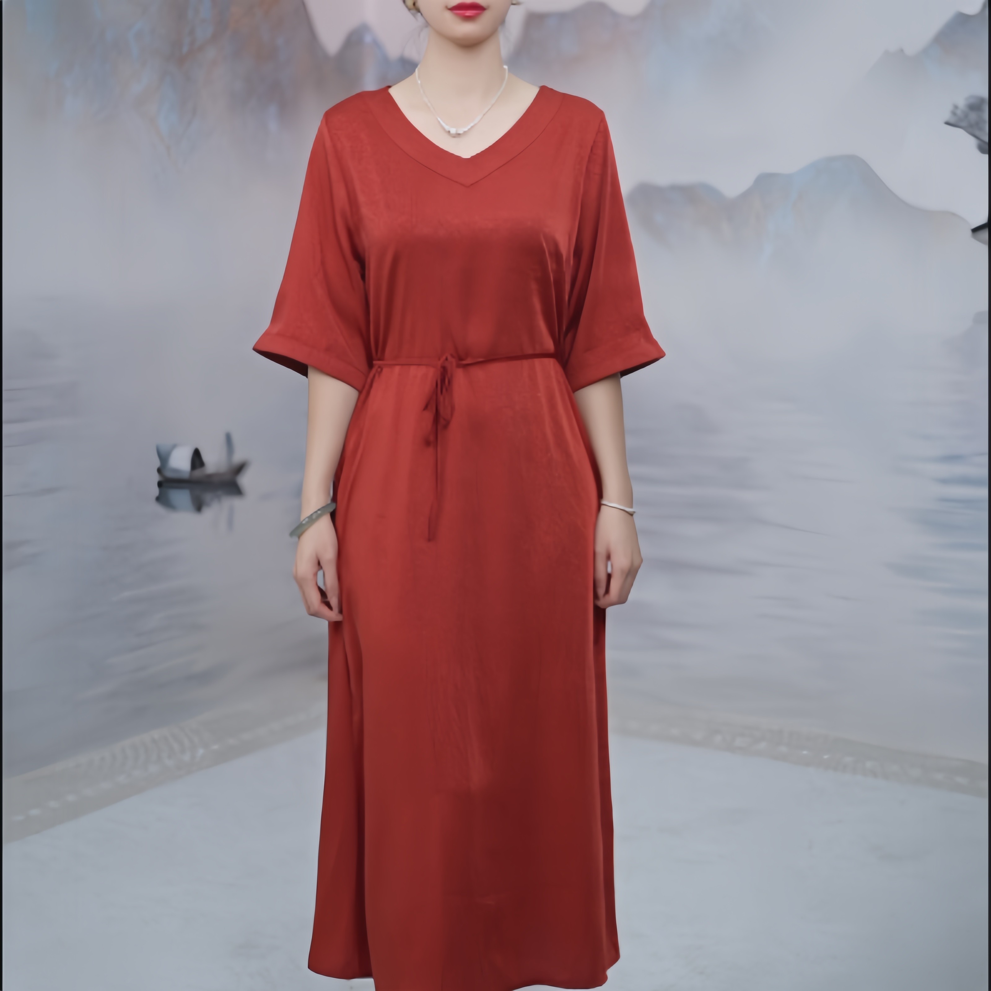 2562 【长相思】高级感重磅纯色暗纹提花国风款气质显瘦连衣裙