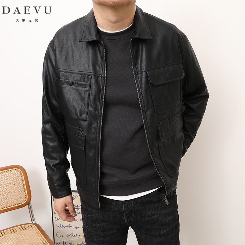 DAEVU春秋新款帅气潮胖子大号加肥加大码男士短款翻领PU夹克皮衣