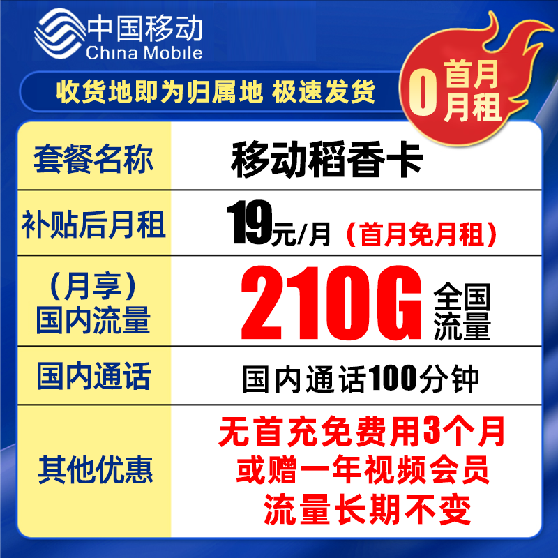 中国移动210G免费申请低月租校园卡花卡大流量卡5G电话卡不限速