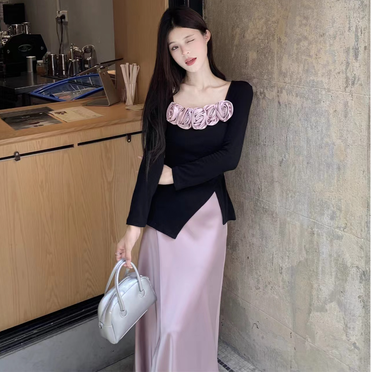 立体玫瑰气质方领掐腰开叉T恤缎面半身长裙女早秋新款时尚两件套