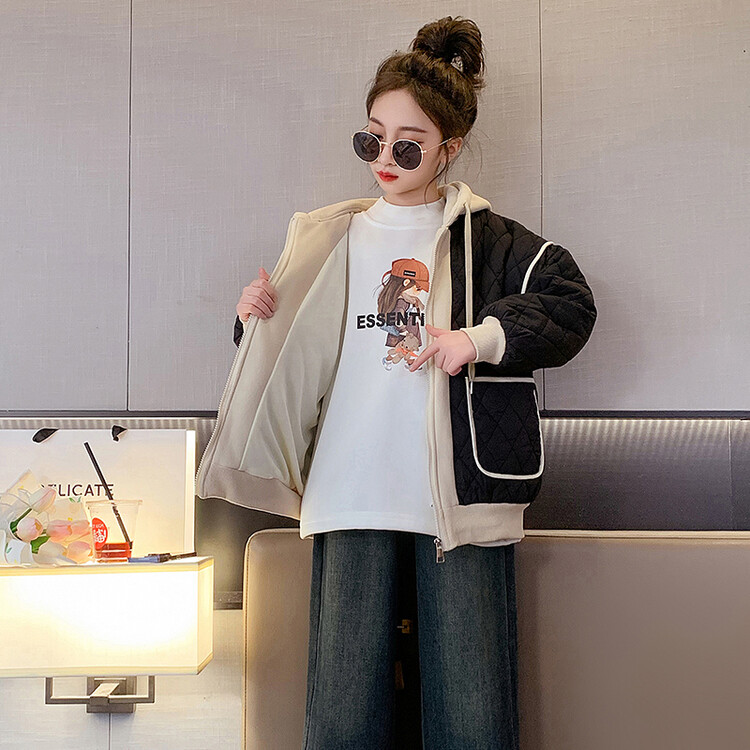 女童外套秋冬款2023新款洋气加绒加厚儿童女大童夹棉冬装连帽棉服