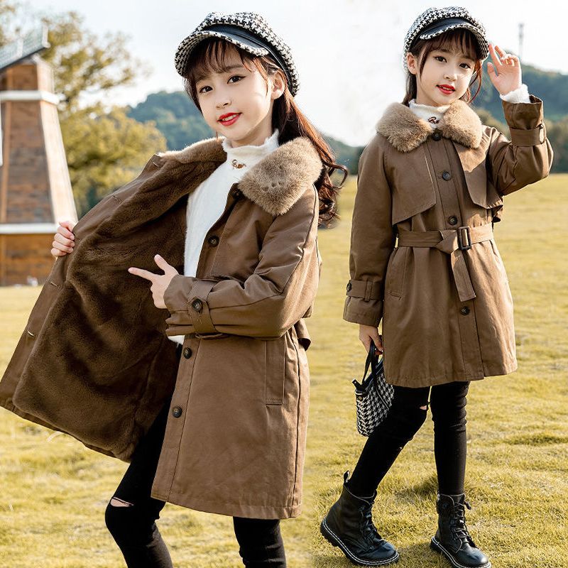 2023新款秋冬棉服女童秋冬装加绒加厚外套中长款中大童派克风衣