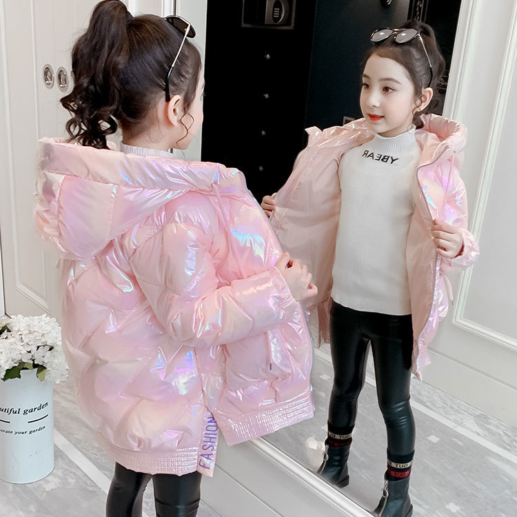 女童冬装外套加绒2023亮面棉衣冬季新款儿童棉服中长款棉袄潮