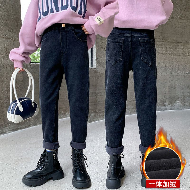女童一体绒牛仔裤小女孩2023新款儿童冬季加绒裤子中大童