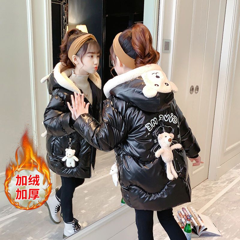 女童冬装加绒棉衣新款亮面小熊免洗中长款加厚中大童棉服洋气棉袄