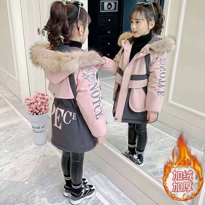 女童棉服2023新款冬季洋气派克服中大童棉袄加绒加厚中长款外套潮