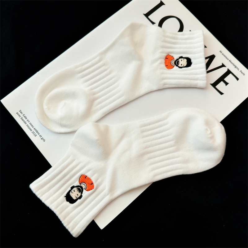 日式DB吉良先生袜子男士短袜男生男款运动袜莼棉透气刺绣白色男