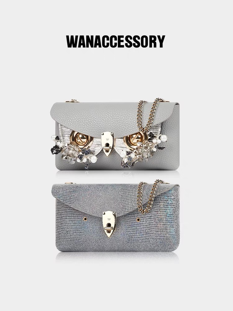 WANACCESSORY万蔻双面双色猫头鹰换脸单肩斜跨水泥灰信封包轻奢
