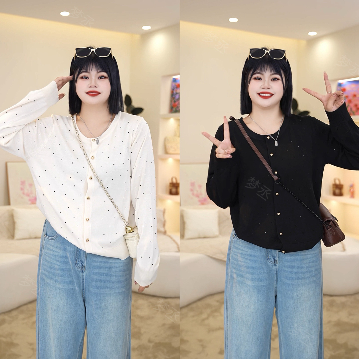 梦丞【繁星一点】胖妹妹大码女装早秋宽松显瘦时尚圆领烫钻针织开衫