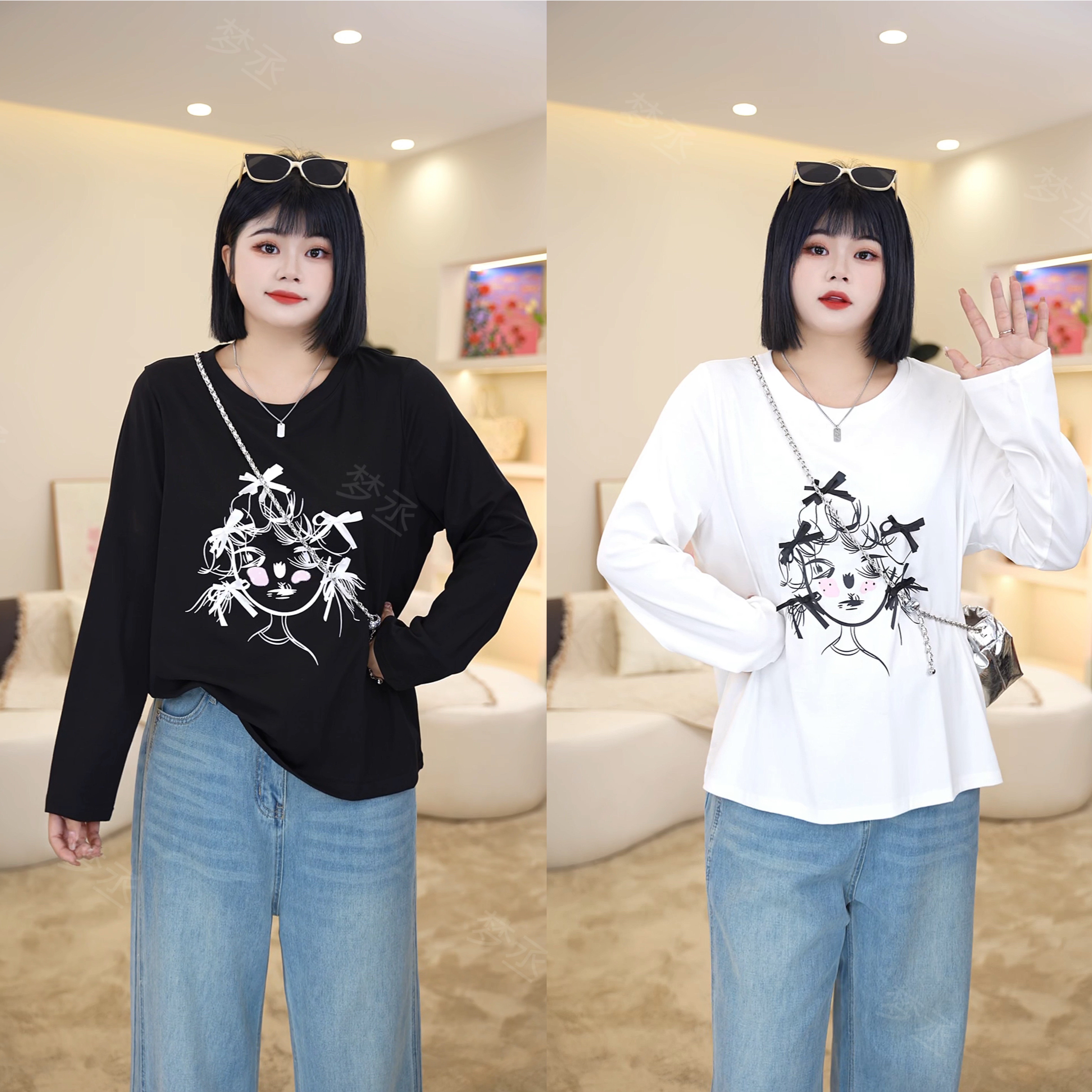 梦丞【甜辣起司】胖妹妹大码女装早秋显瘦遮肉宽松百搭长袖印花T恤