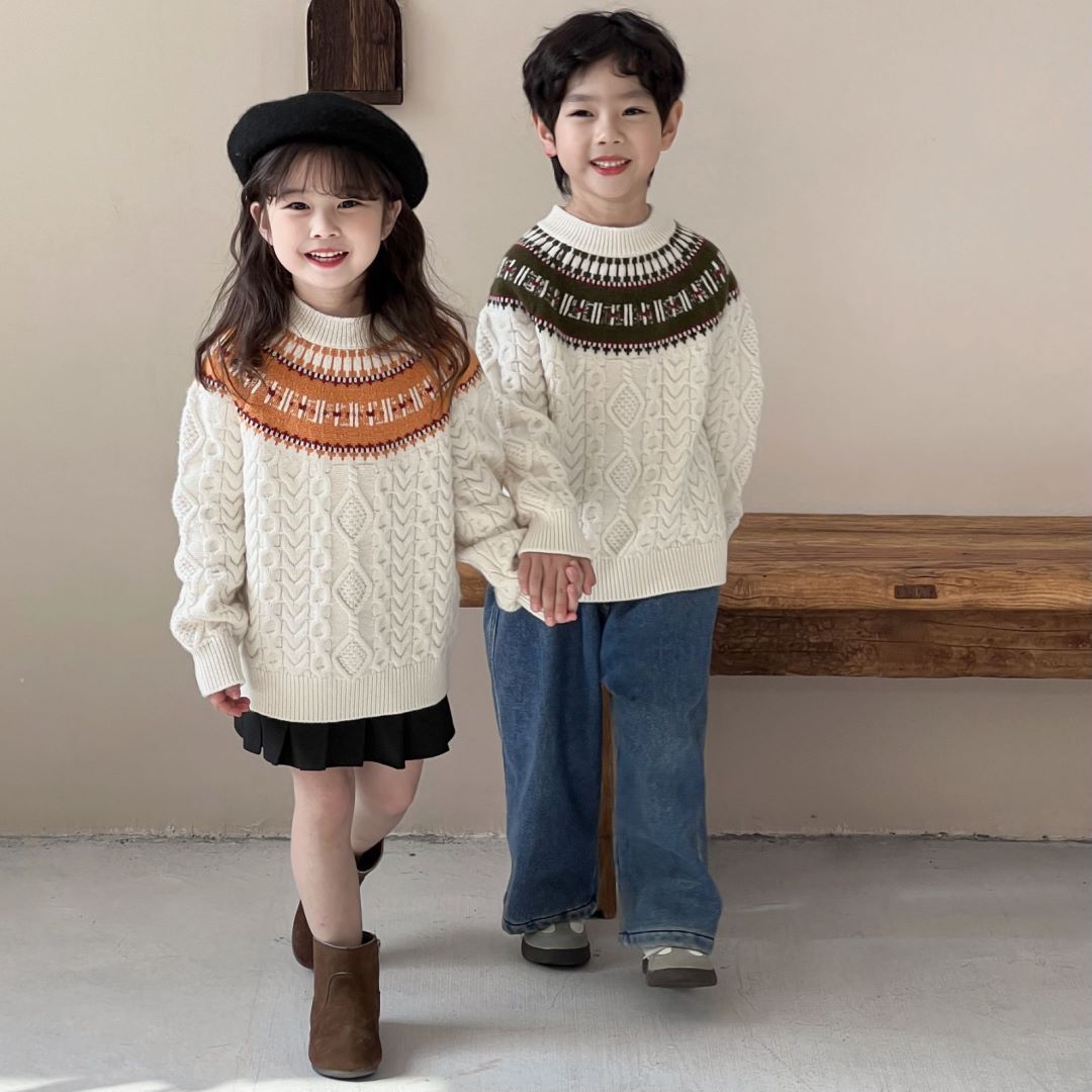 【100%纯羊毛】儿童重工费尔岛毛衣冬季加厚提花圆领纯羊毛童装打底