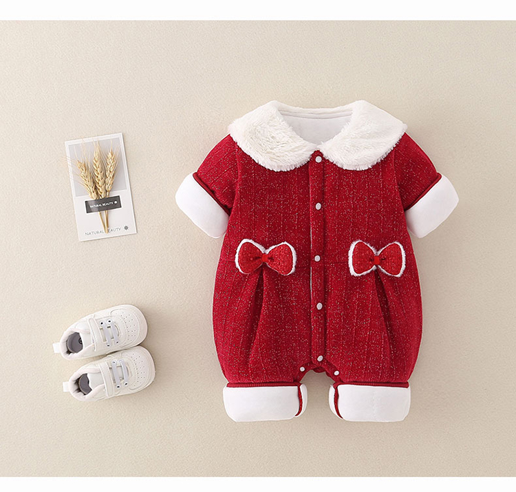 新春款 双蝴蝶结 300克薄夹棉宝宝闭档连体衣哈衣新生儿淑女风