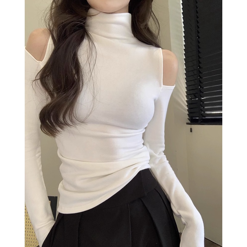 纯欲风长袖T恤女半高领打底衫春秋外穿露肩小众收腰辣妹修身上衣