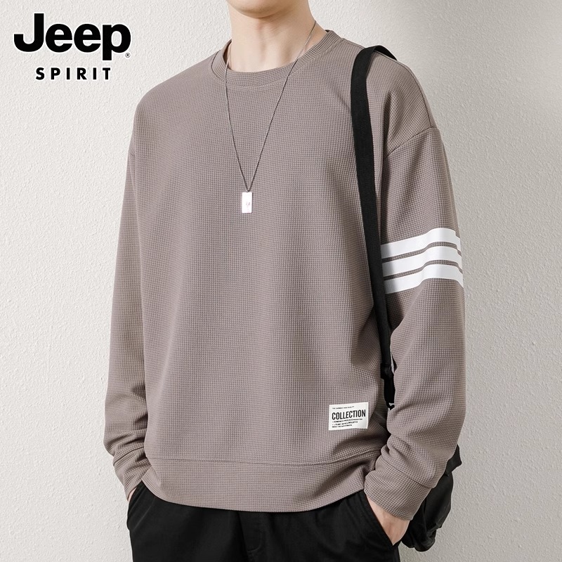 吉普简约华夫格长袖t恤男士春秋季新款宽松休闲上衣打底衫卫衣