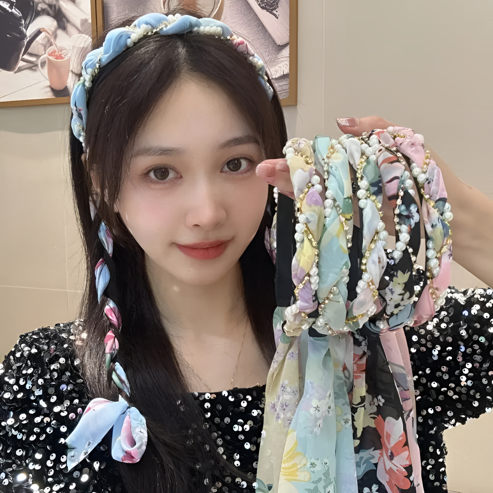 泊爱港非金属布艺发饰 12.8M/新款雪纺清新珠珠碎花闪编发飘带发