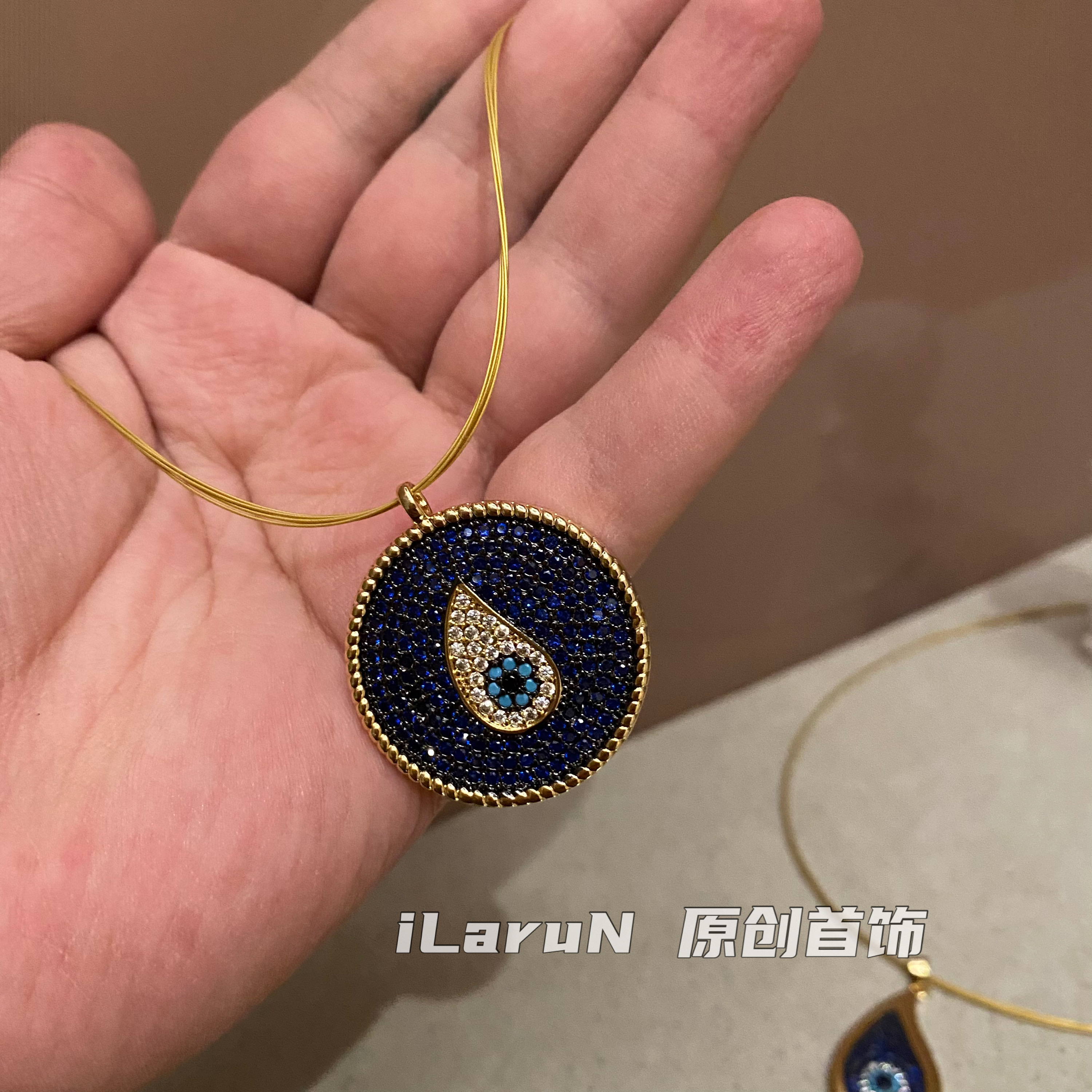 铜合金亚克力项链 爆款腰果花纹气质满钻项链吊坠镶嵌 时尚 蓝色