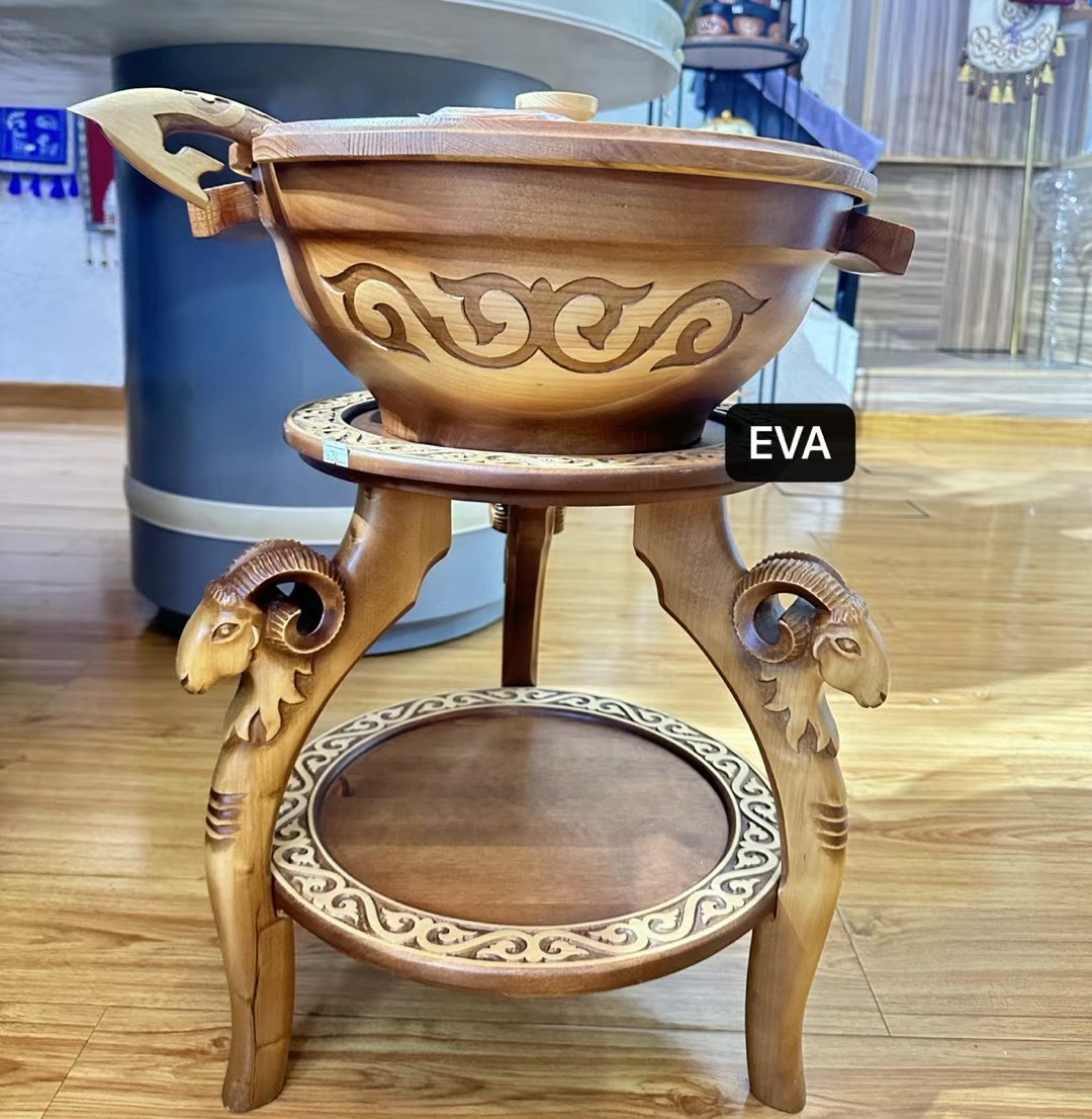哈萨克斯坦手工雕刻6升马奶盆不锈钢内里套装带底座架子