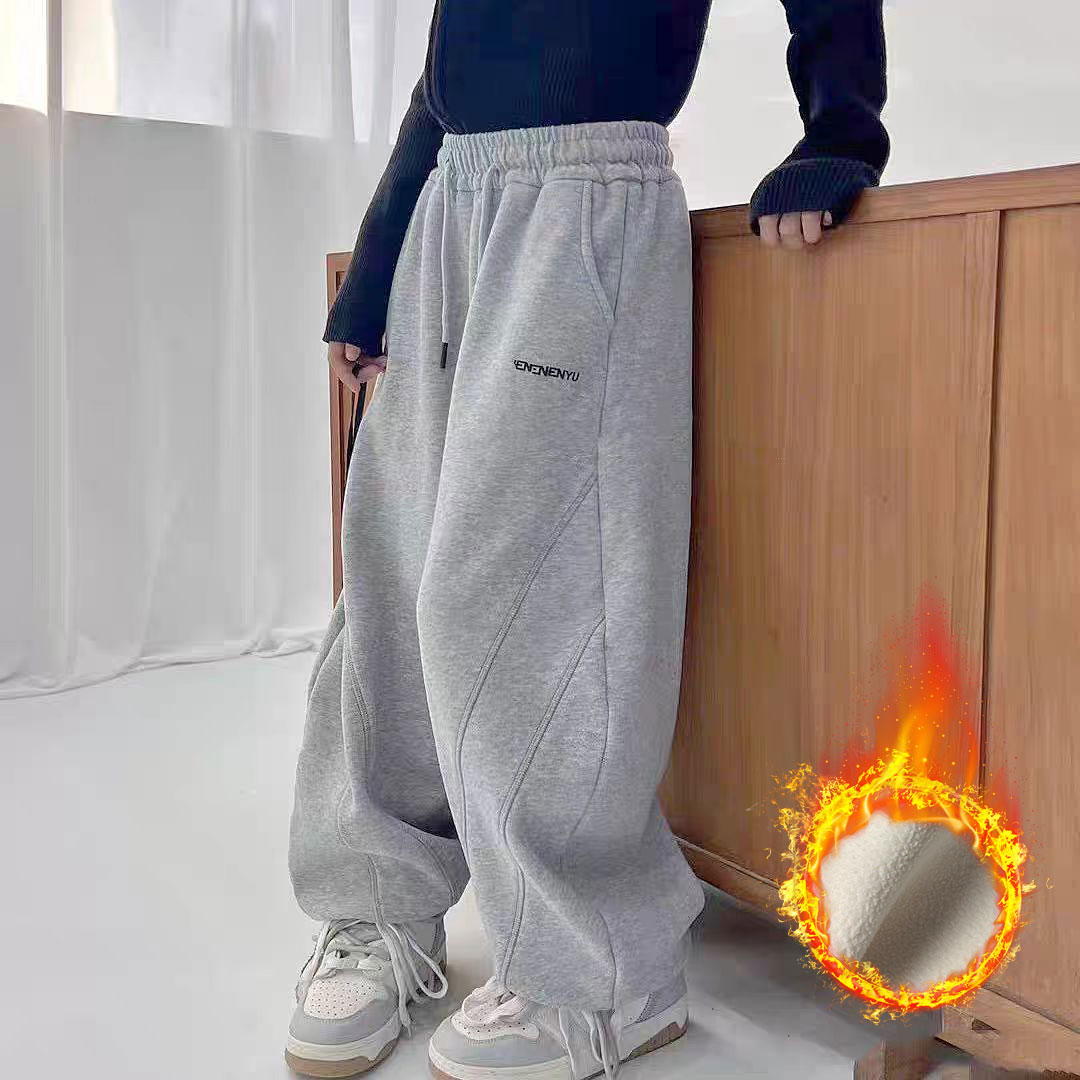 女童秋冬加绒弯刀裤童装新款中大童宽松洋气女孩卫裤儿童男长裤子