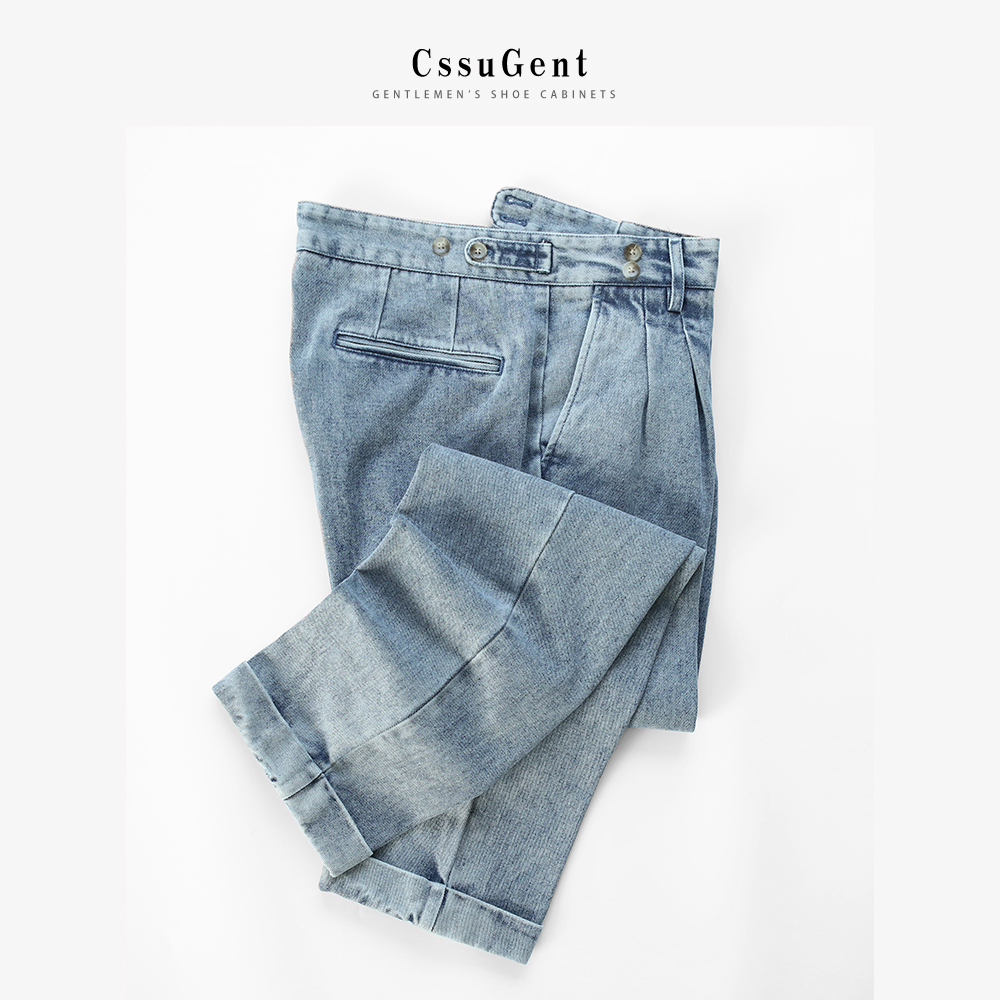 高定重磅那不勒斯复古直筒牛仔西装裤男士绅士休闲经典灰蓝西裤潮