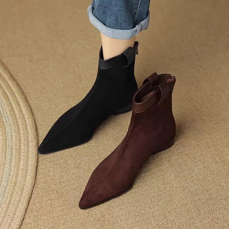 红蜻蜓牌柔软翻毛皮复古西部牛仔靴女粗跟弹力短靴冬磨砂真皮尖