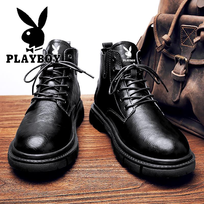 PLAYBOY马丁靴男款冬季黑色靴子ins英伦风厚底高帮鞋男休闲工装靴