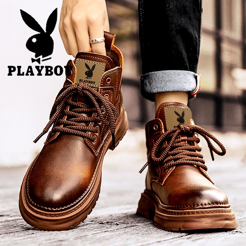 PLAYBOY马丁靴男鞋2024新款高帮鞋男款复古英伦工装靴男休闲皮鞋