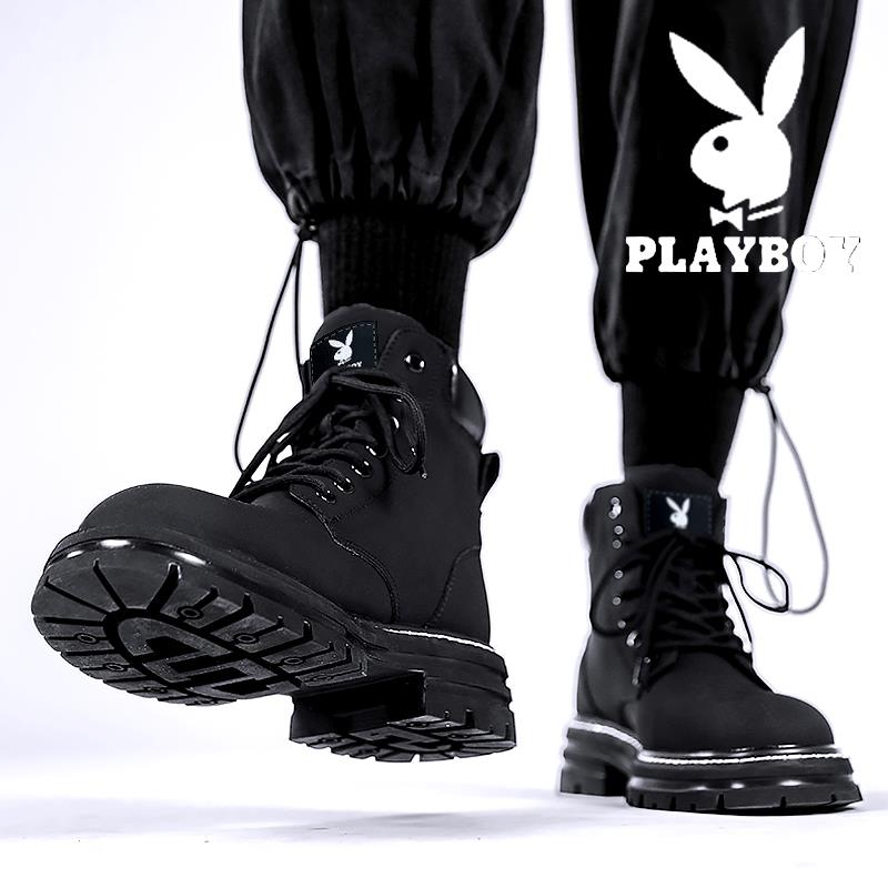 PLAYBOY马丁靴男款2023新款冬季百搭高帮休闲男鞋复古机车工装靴