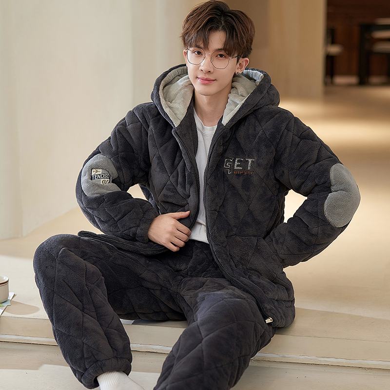 【三层夹棉】睡衣男冬季珊瑚绒秋冬款棉袄加厚保暖连帽家居服套装男