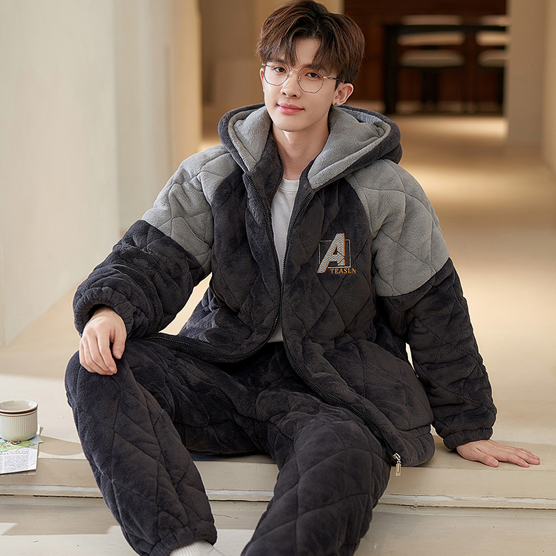 【三层夹棉】睡衣男冬季珊瑚绒加绒加厚保暖法兰绒家居服加大码套装