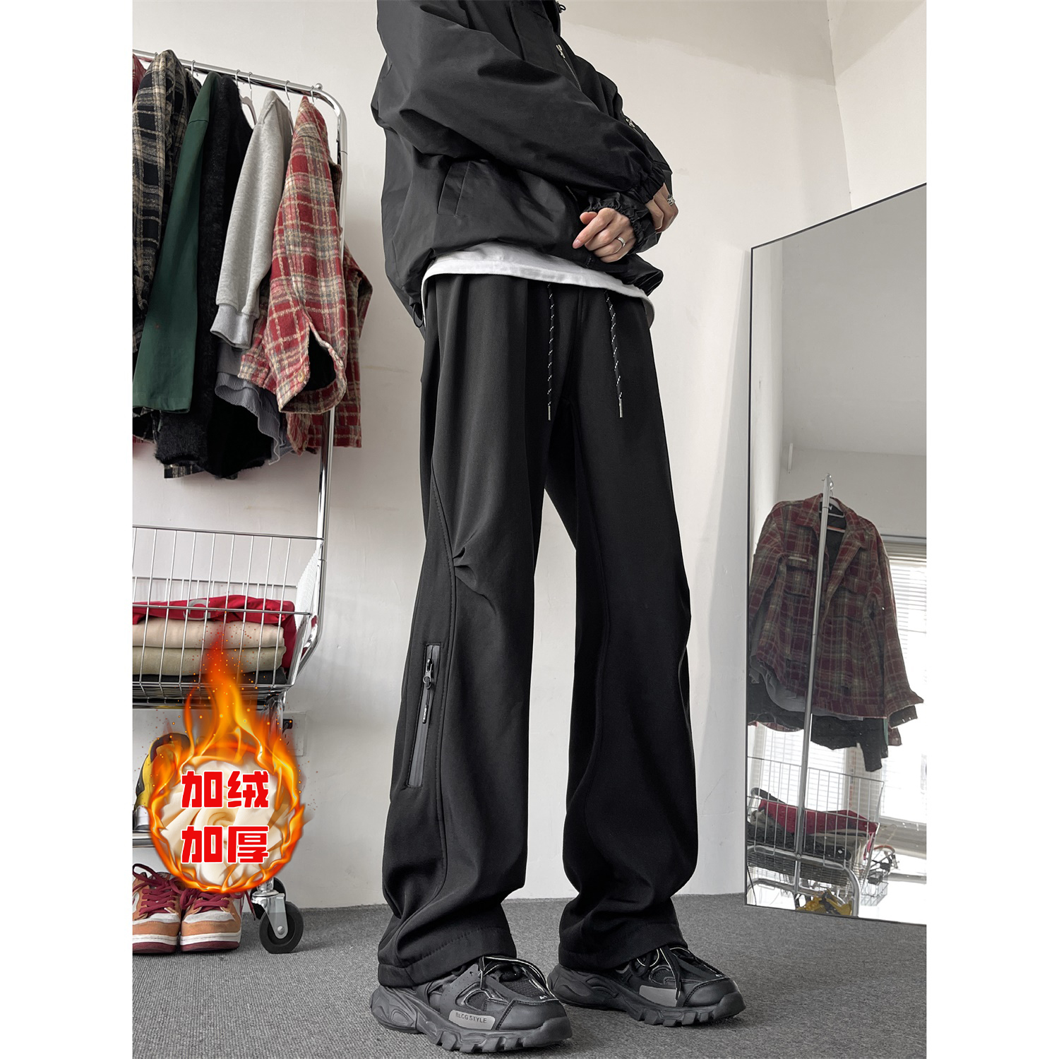 冬季男裤黑色加绒裤美式高街加厚直筒运动裤大码青少年休闲长裤