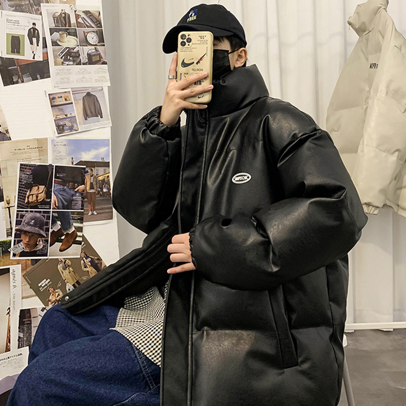 潮牌外套男款冬季棉服男生百搭PU皮立领休闲棉衣防风保暖宽松棉袄