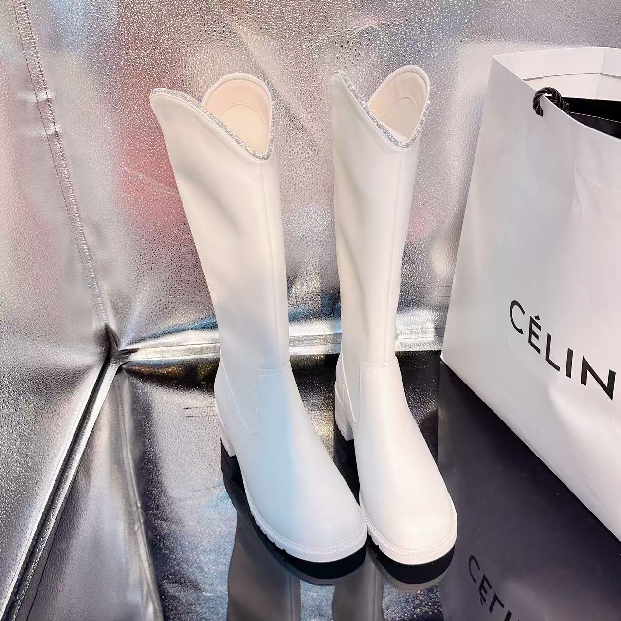 BaiLing/百翎水钻长靴白色秋冬保暖时尚粗跟厚底加绒冬季靴子