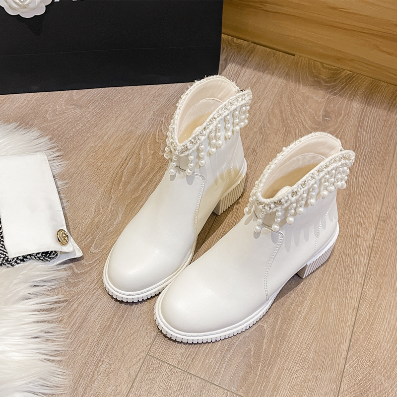 BaiLing/百翎短靴粗跟白色百搭秋冬马丁靴时尚厚底加绒靴子女鞋