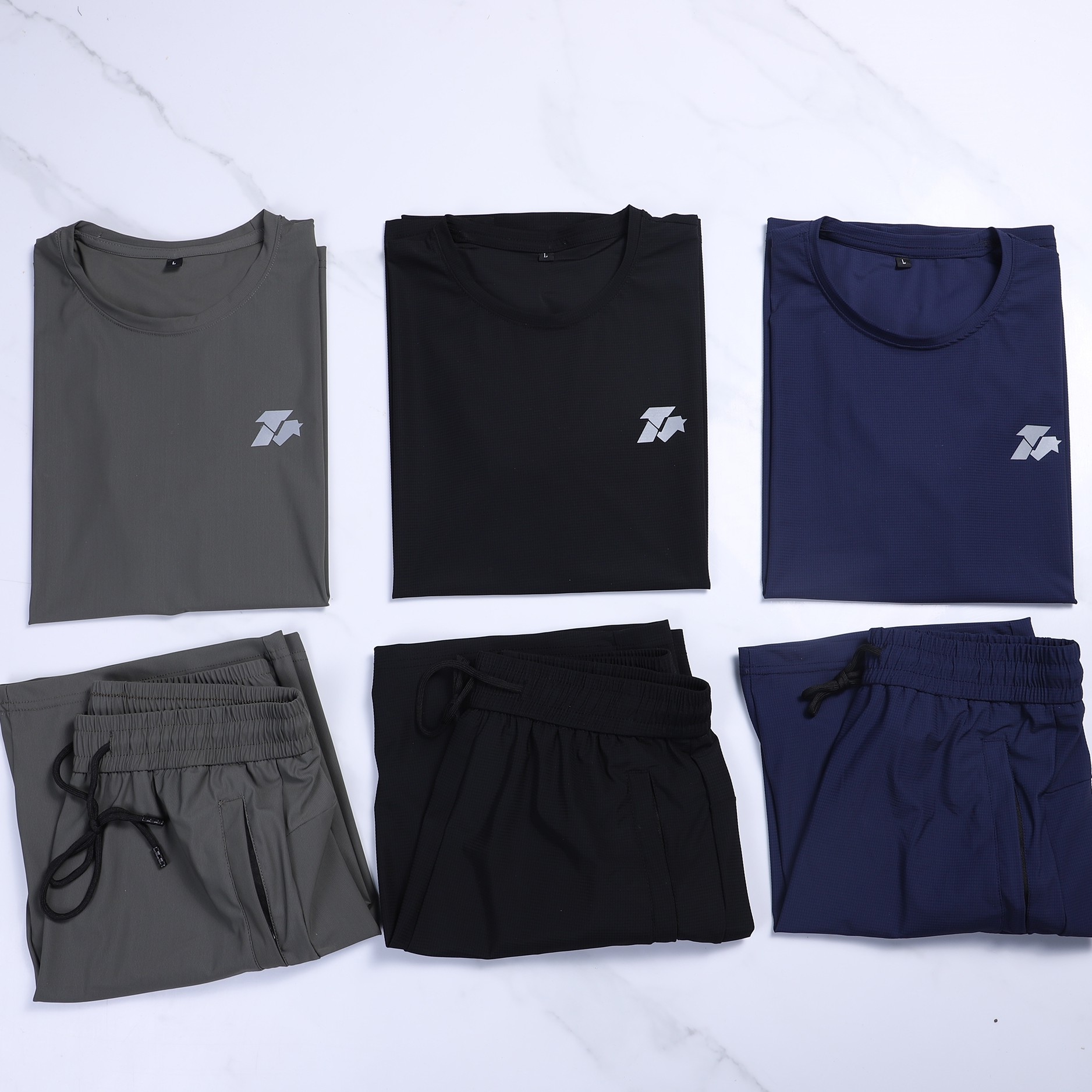 JHLI新款夏季火焰蓝体能服黑色冰丝短袖套装军绿圆领速干T恤