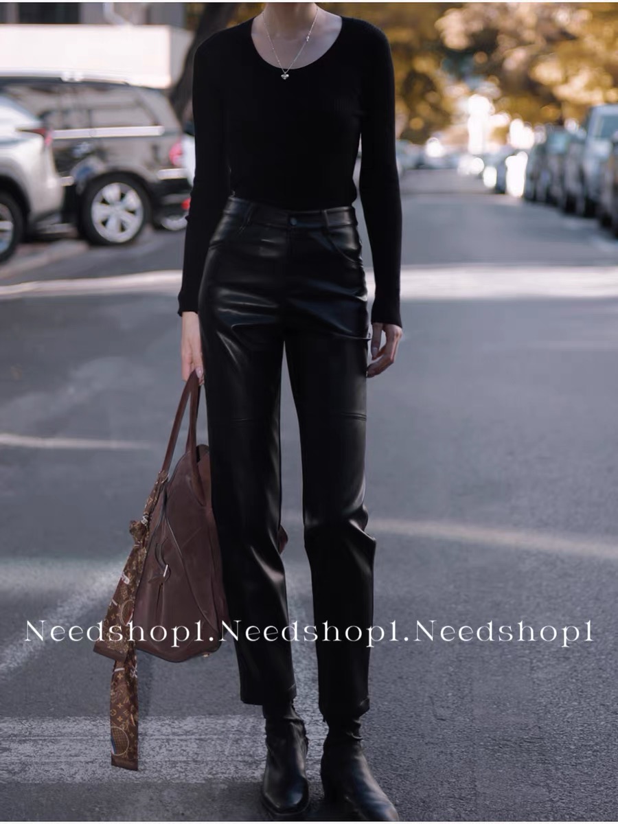 【NeedShop1】黑色高腰显瘦简约直筒皮裤