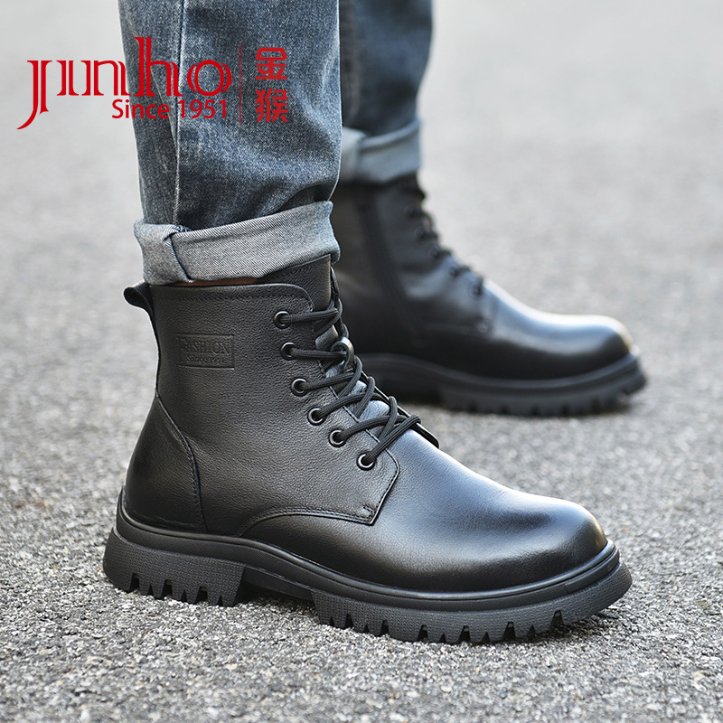 Jinho/金猴冬季马丁靴真皮保暖加绒一体羊男皮棉靴骑行靴SQ80029A