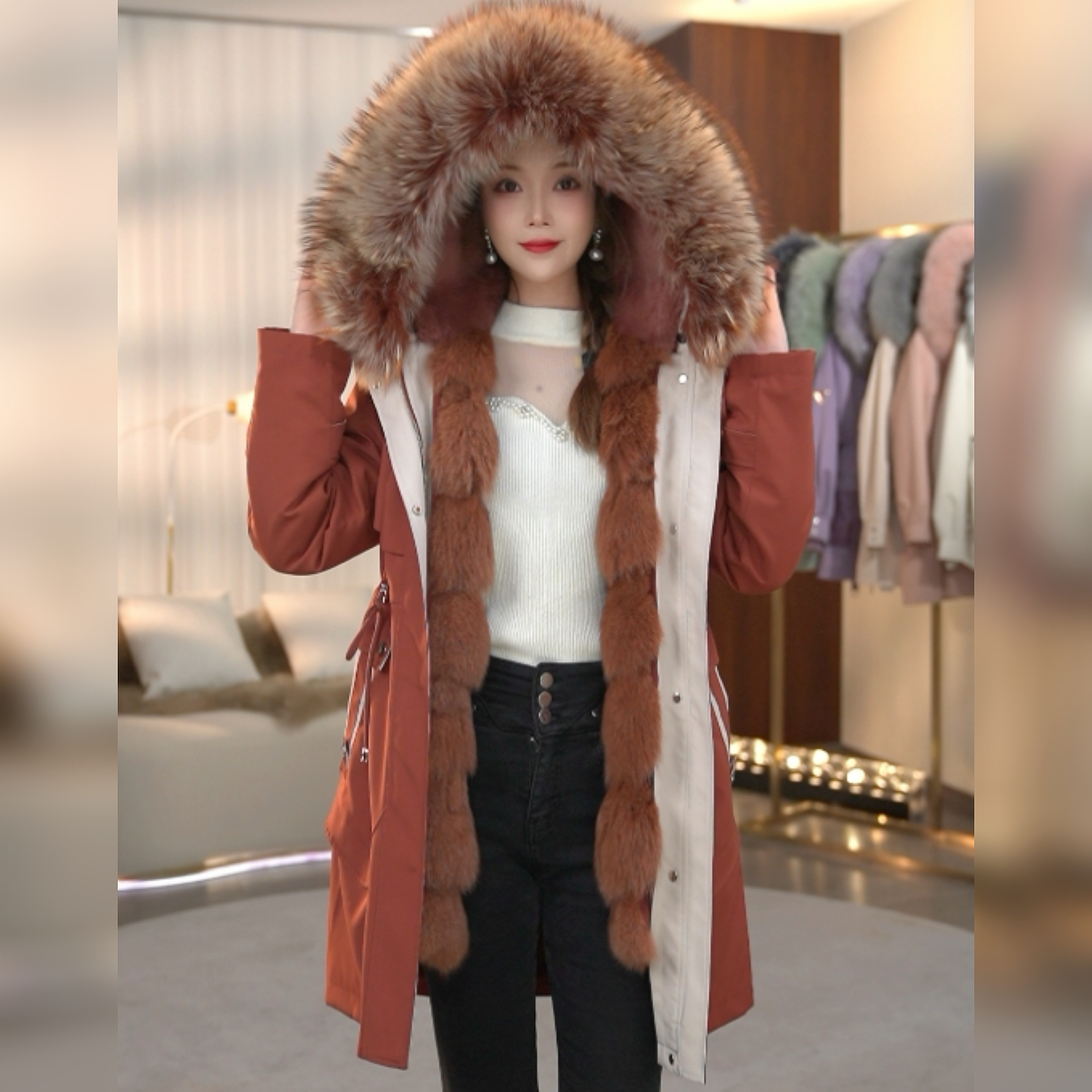 【相思忆狐狸门襟】2024新款貉子毛派克服女连帽保暖洋气时尚外套9