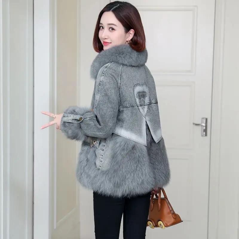 2023年新款狐狸毛牛仔派克服皮草外套女羽绒服皮毛一体大衣羽绒棉