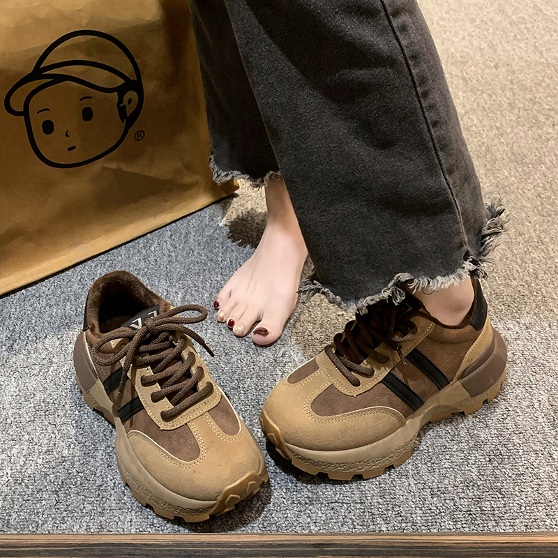 美拉德真皮厚底阿甘鞋女秋冬加绒2023新款休闲百搭华夫运动老爹鞋