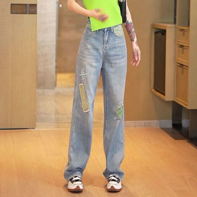 破洞牛仔裤新款高级时尚钉珠女夏季薄款2024年垂感直筒阔腿拖地裤