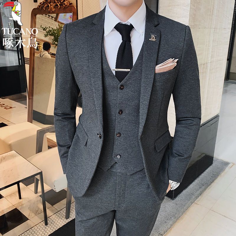 啄木鸟秋冬新款西服套装男士三件套商务职业正装修身新郎结婚礼服
