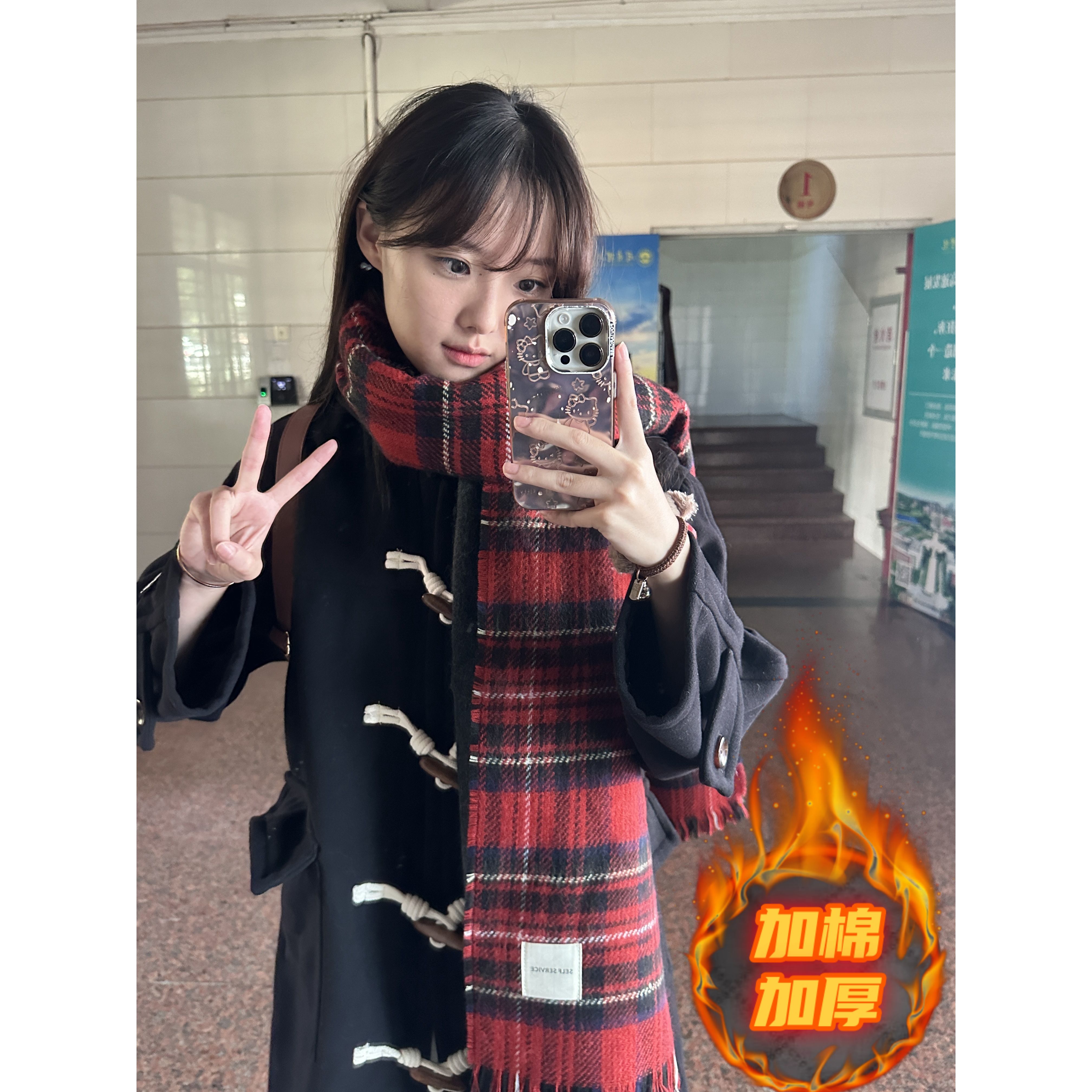 秋冬季黑色牛角扣毛呢连帽长款大衣女士宽松学院风外套女百搭加厚