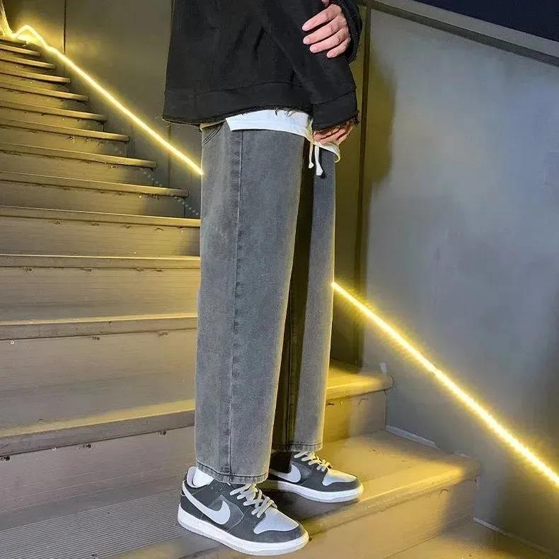 牛仔裤男潮牌百搭灰色春秋ins高街阔腿直筒宽松港风休闲九分裤子