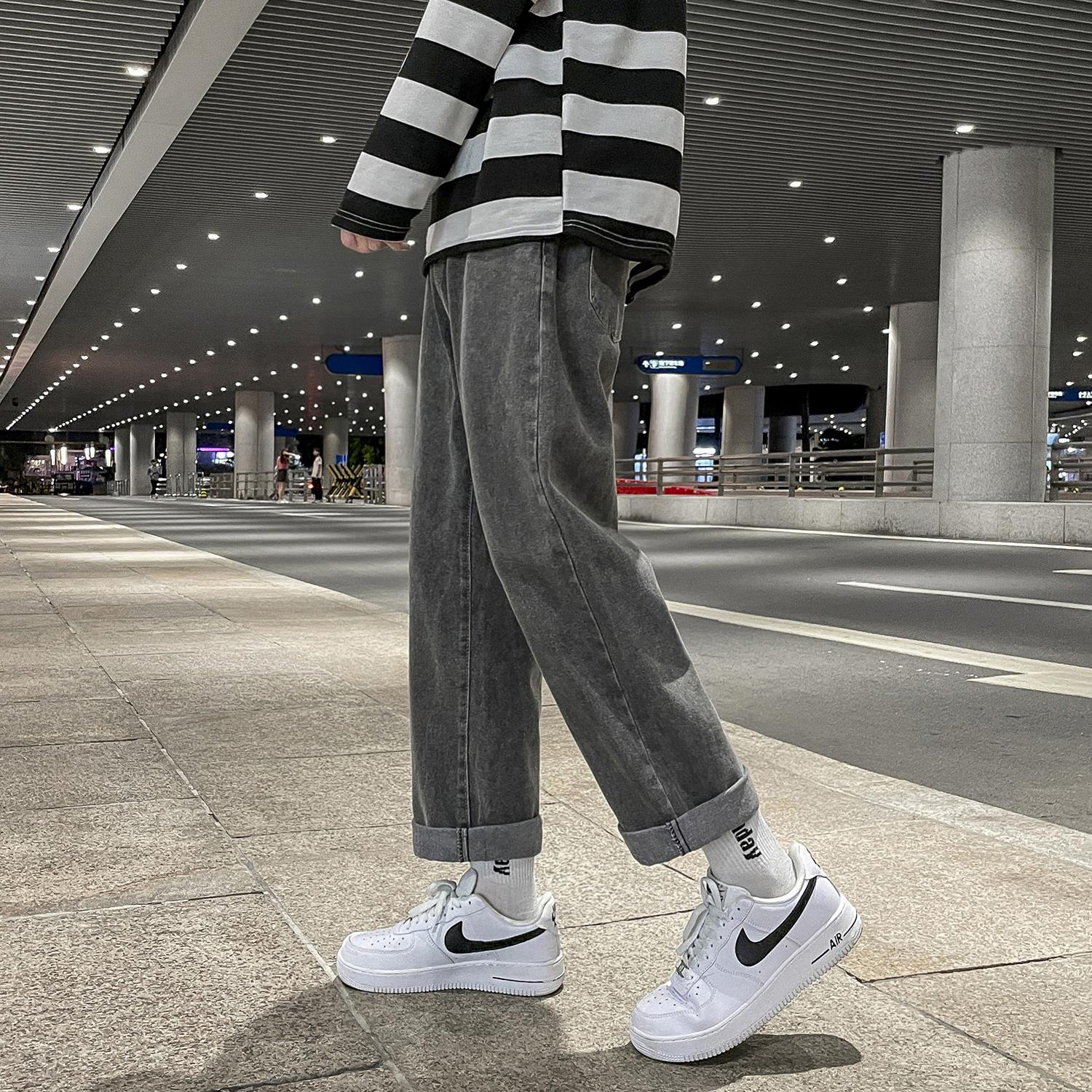 烟灰色牛仔裤男2023秋季新款潮牌高街九分裤男士宽松直筒裤子男生