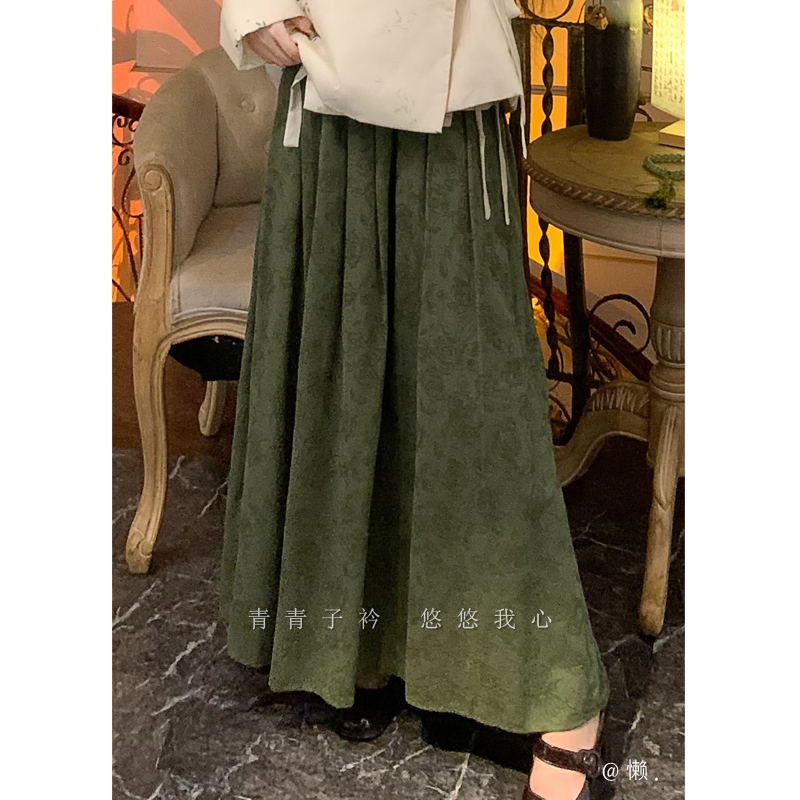 懒·江南「绿玫瑰」国风美学定制绿玫瑰提花棉麻百褶裙