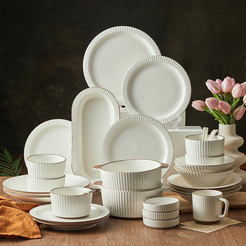 珠光白系列餐具套装家用创意复古风碗碟盘轻奢高级感陶瓷餐具