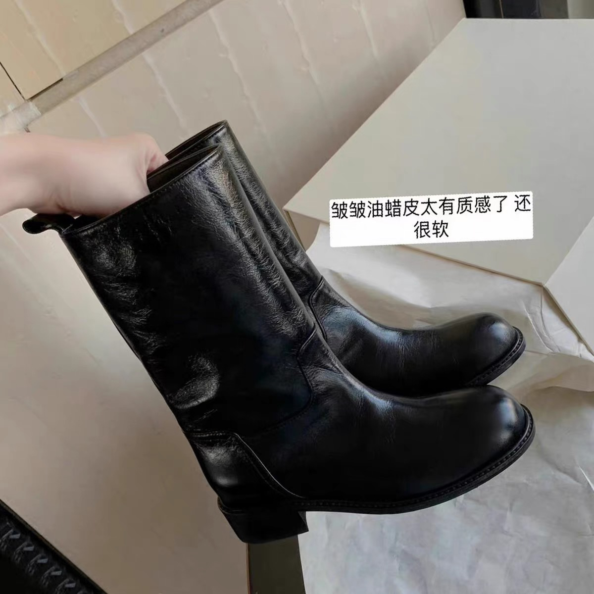 达芙妮沿荐真皮～复古gao级感宽筒真皮粗跟中筒西部骑士短靴女秋