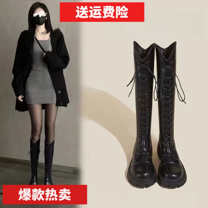 达芙妮沿荐长筒靴女2023新款百搭口绑带显示秋冬加绒长靴厚底增高