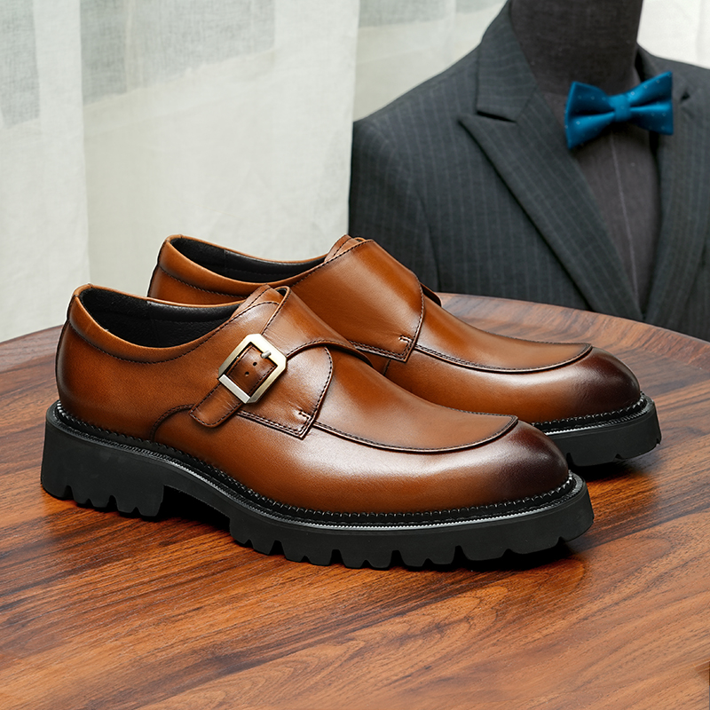 男士孟克鞋休闲百搭时尚头层牛皮潮流时尚厚底增高英伦风低帮搭扣